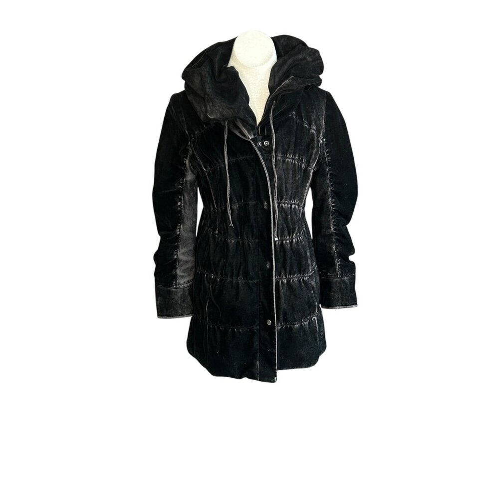 Gallery Black Distressed Velvet Puffer Jacket Grunge Boho Vibes Size Medium P - Picture 2 of 14